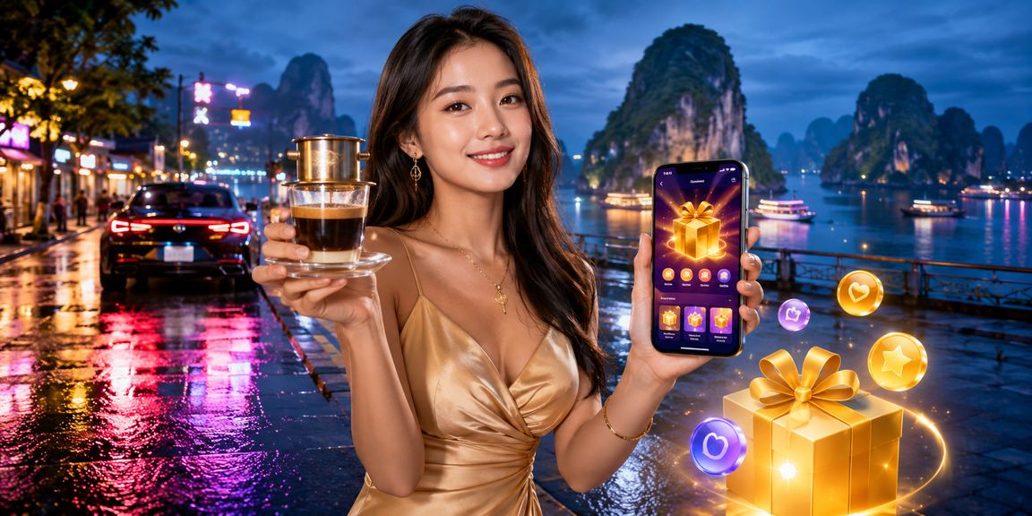 Người dùng kiểm tra tiền thưởng casino trên điện thoại bên vịnh Hạ Long